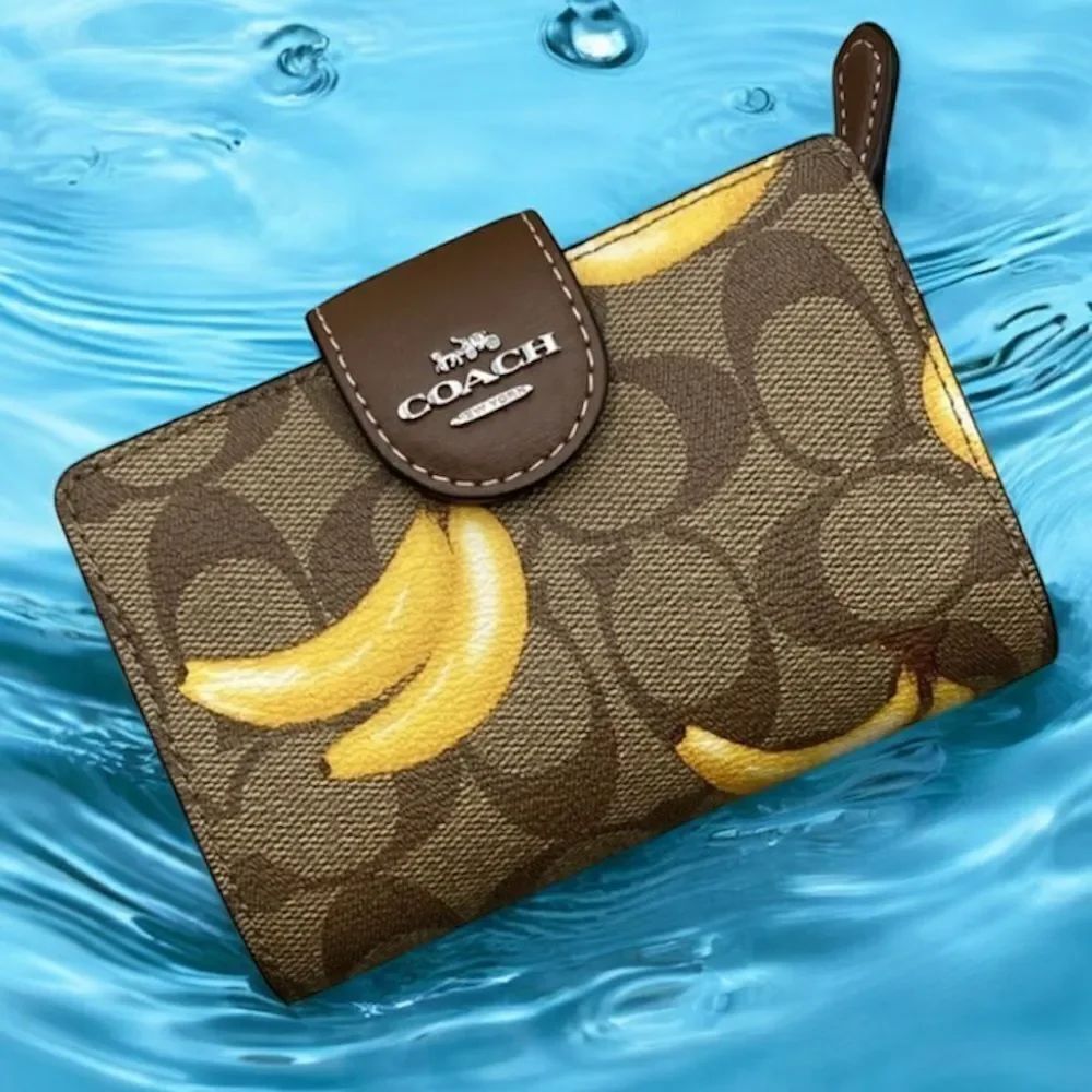 COACH Medium Corner Zip Wallet In Signature Canvas With Banana Print Bag Purse